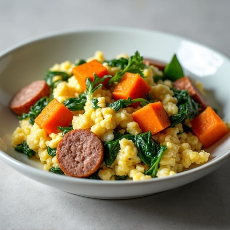 Egg White and Turkey Sausage Scramble with Spinach and Roasted Sweet Potato