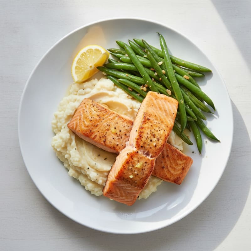 Seared Salmon with Garlic Green Beans and Cauliflower Mash