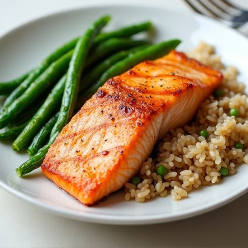 Seared Salmon with Garlic Green Beans and Brown Rice