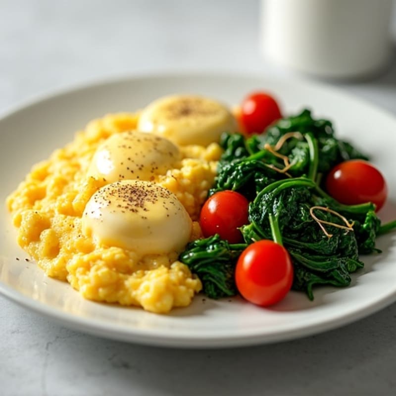 Creamy Scrambled Eggs with Sautéed Spinach and Cherry Tomatoes