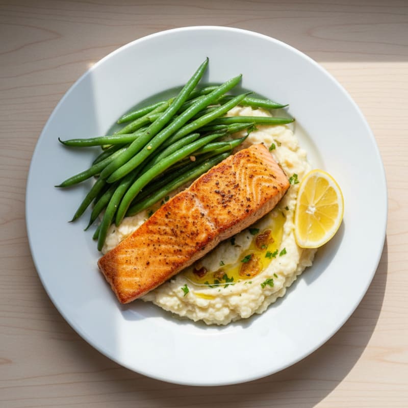 Seared Salmon Fillet with Steamed Green Beans and Garlic Mashed Cauliflower