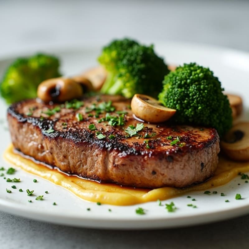 Seared Steak with Roasted Broccoli and Garlic Mushrooms