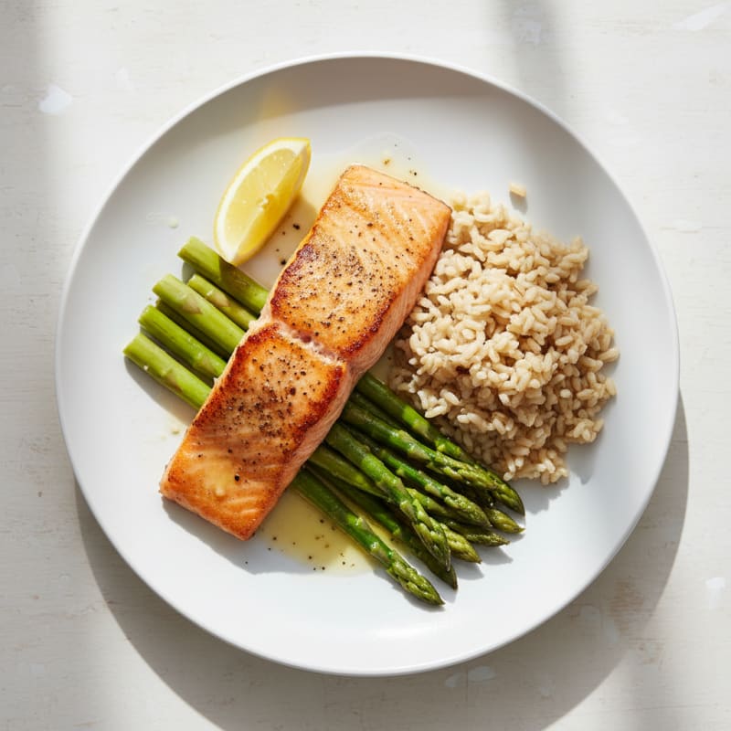 Pan-Seared Salmon with Steamed Asparagus and Brown Rice