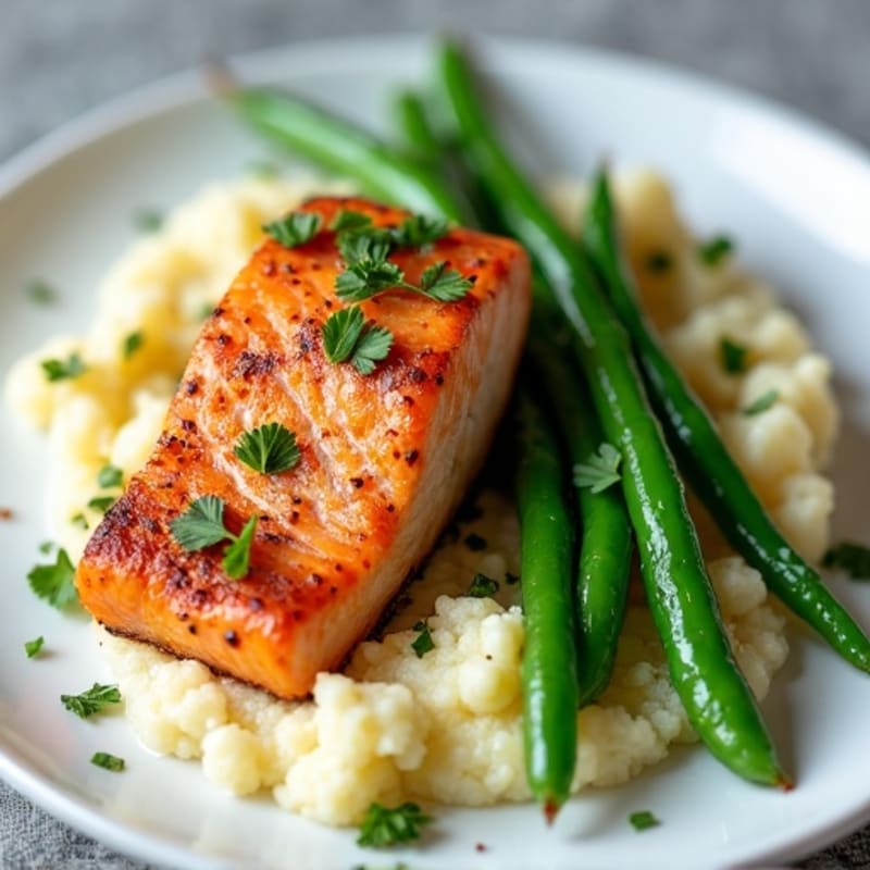 Seared Salmon with Steamed Green Beans and Herbed Cauliflower Mash