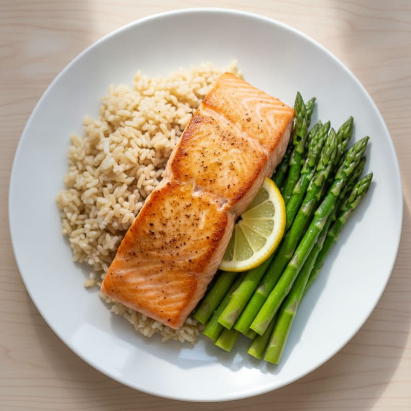 Seared Salmon with Steamed Asparagus and Brown Rice
