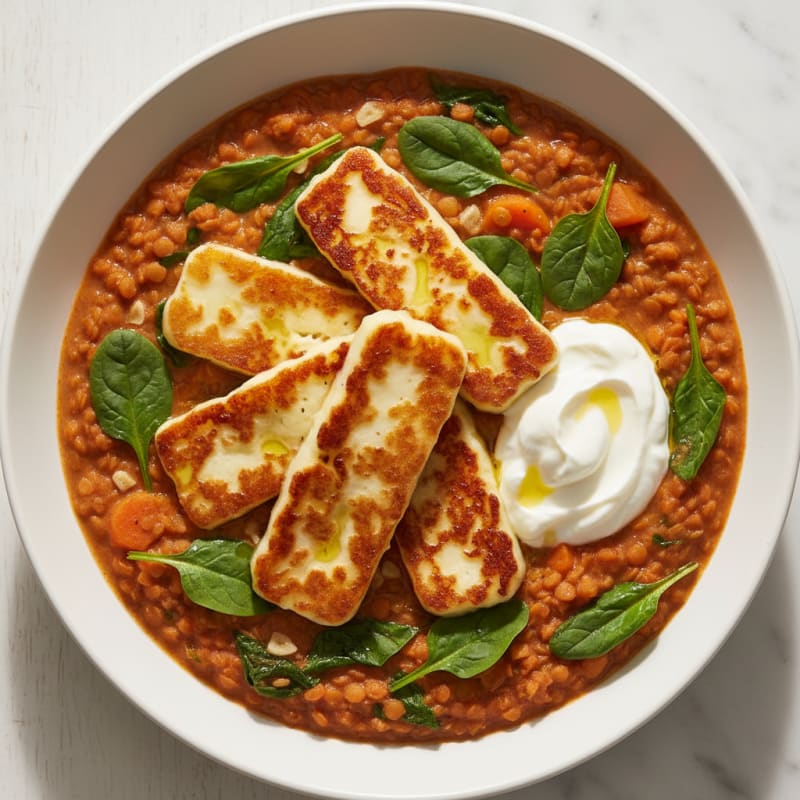 Silky Lentil and Vegetable Stew with Grilled Halloumi