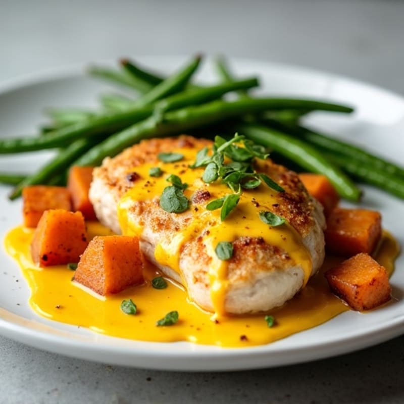 Creamy Golden Chicken with Roasted Sweet Potatoes and Green Beans