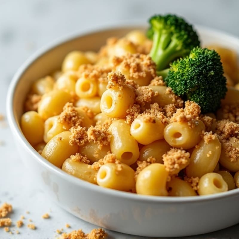 Creamy Baked Whole Wheat Macaroni with Crispy Topping and Roasted Broccoli