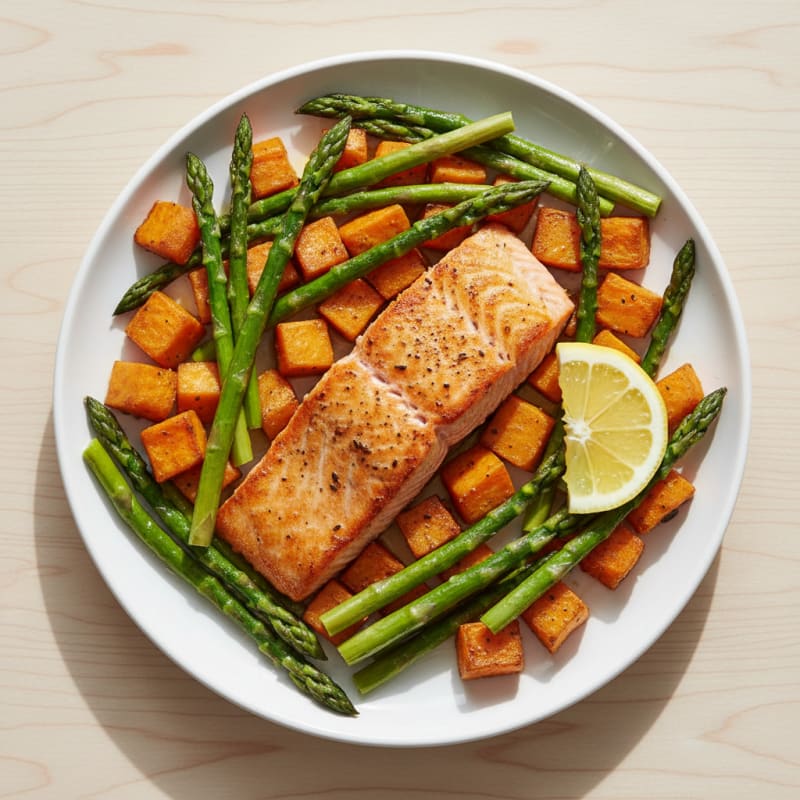 Seared Salmon with Roasted Sweet Potatoes and Asparagus