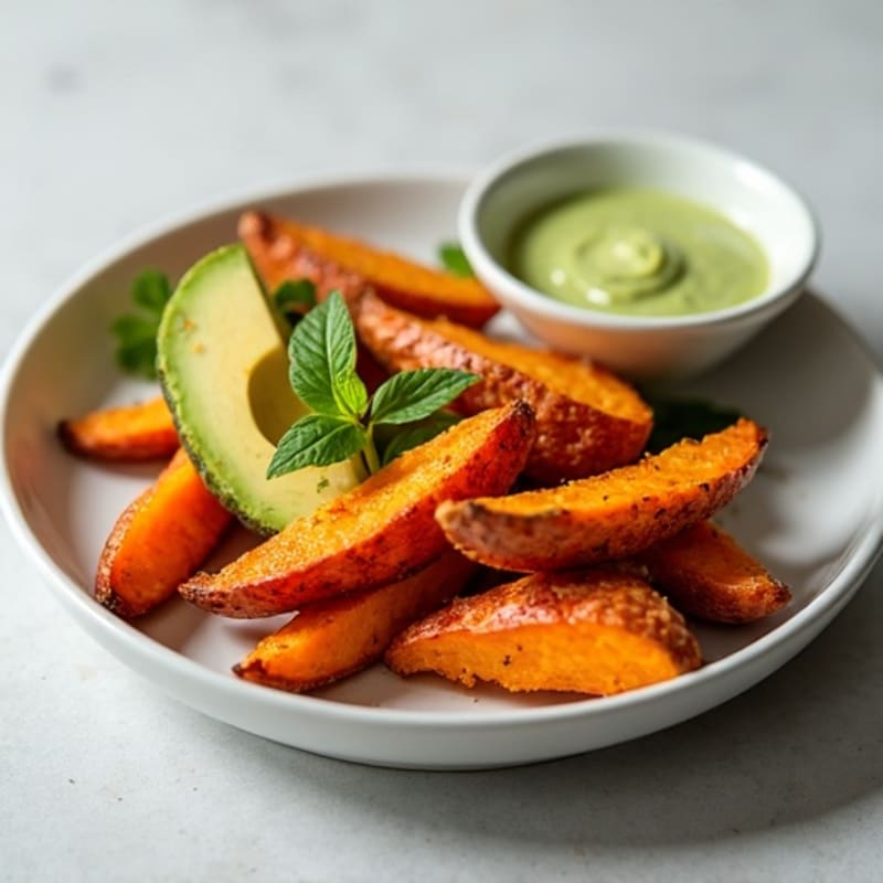 Crispy Roasted Sweet Potato Wedges with Avocado Lime Dip