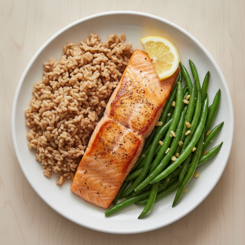 Seared Salmon with Garlic Green Beans and Brown Rice