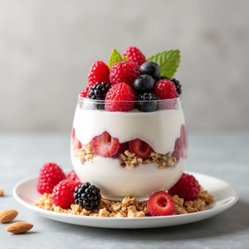 Greek Yogurt Parfait with Crunchy Almond Granola and Mixed Berries