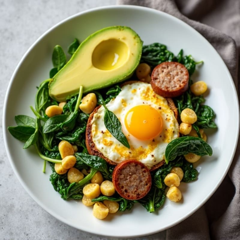 Egg White and Turkey Sausage Scramble with Sautéed Spinach & Avocado
