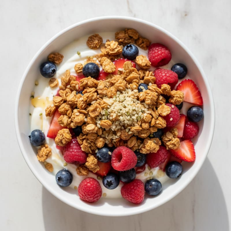 Greek Yogurt Parfait with Crunchy Granola and Mixed Berries