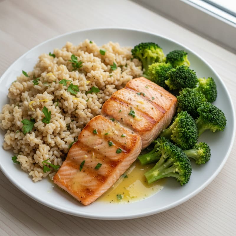 Seared Salmon with Steamed Broccoli and Lemon-Herb Rice