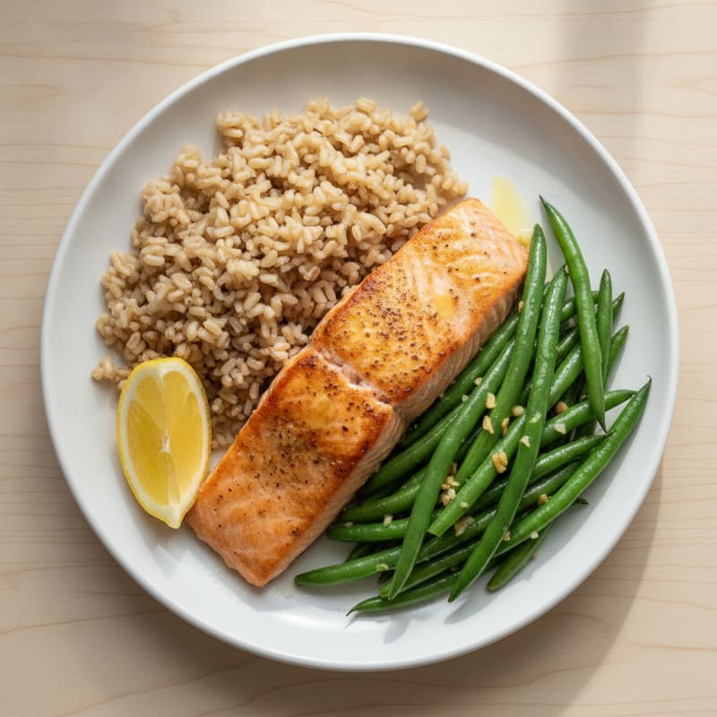 Seared Salmon Fillet with Garlic Green Beans and Brown Rice