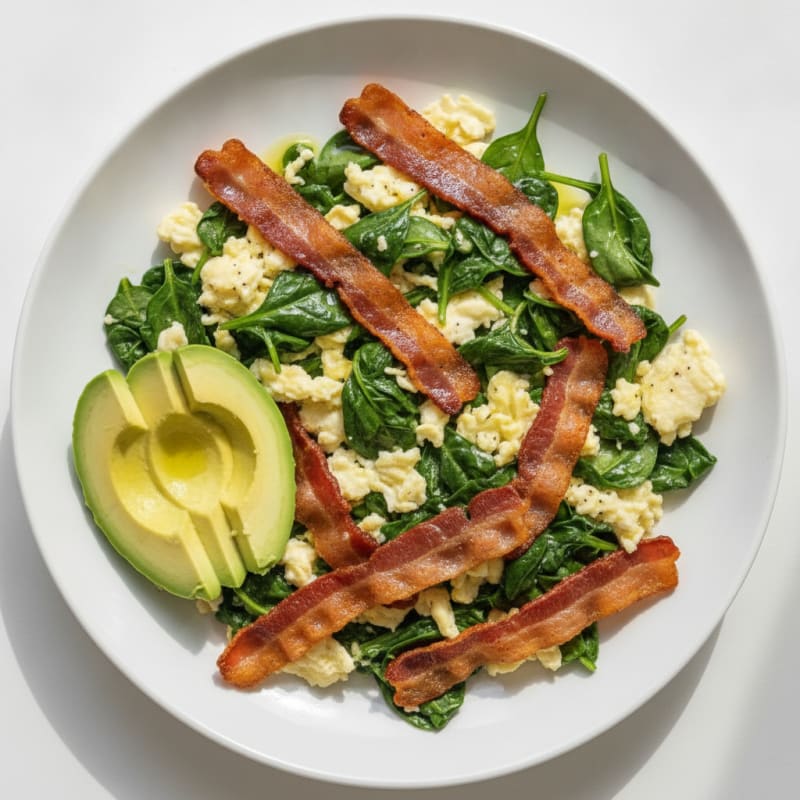 Crispy Turkey Bacon Egg White Scramble with Sautéed Spinach