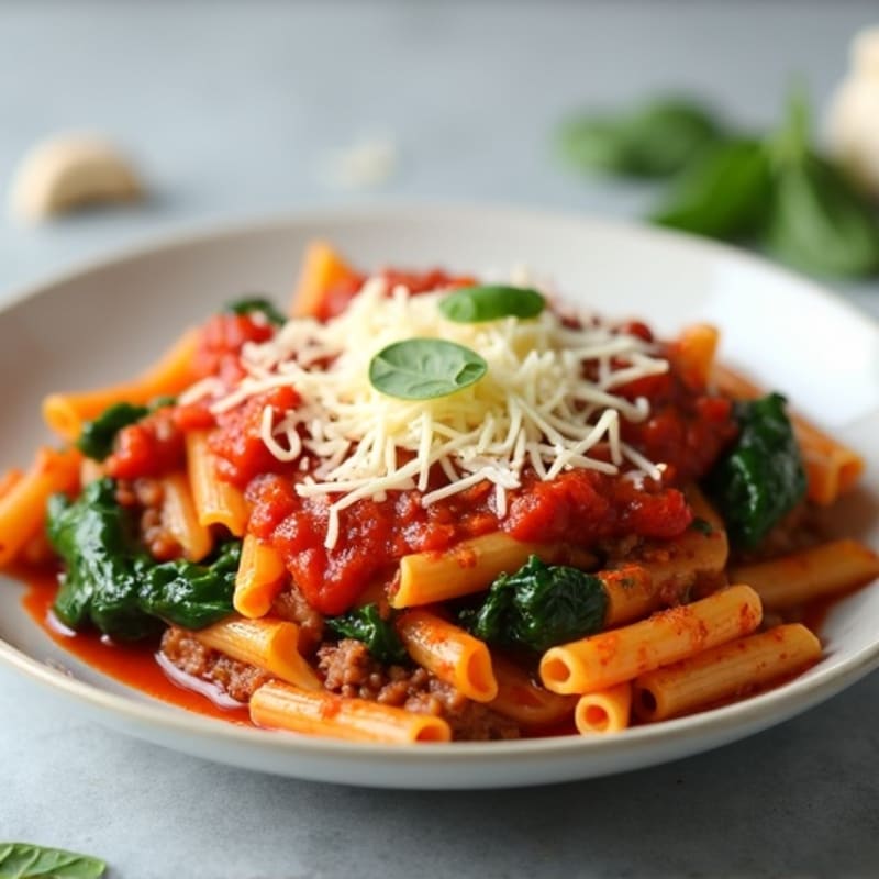 Healthy Baked Ziti with Lean Ground Beef and Spinach