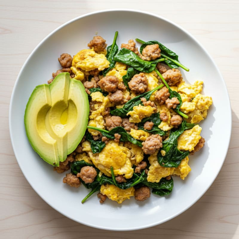 Scrambled Eggs with Turkey Sausage and Sautéed Spinach