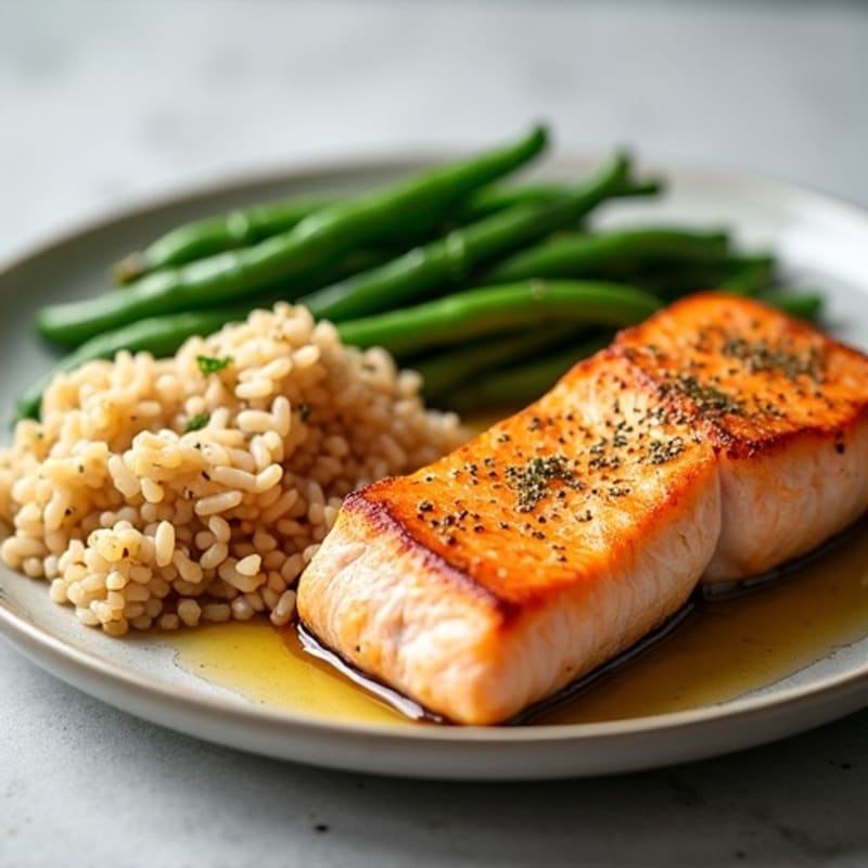 Baked Salmon with Steamed Green Beans and Brown Rice
