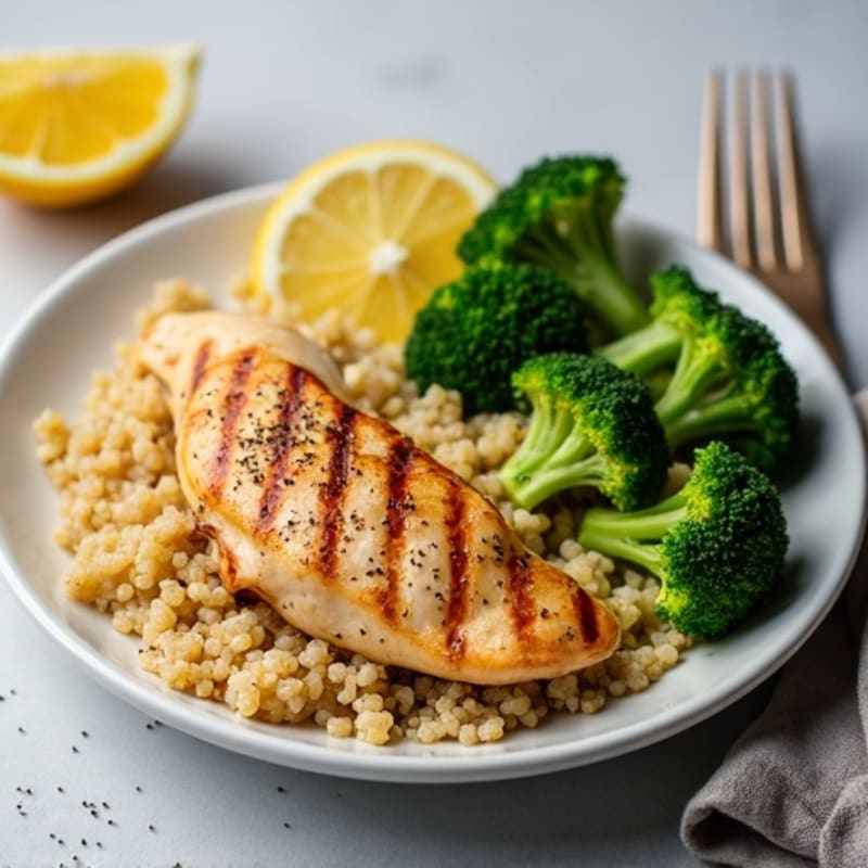 Grilled Lemon Pepper Chicken Breast with Quinoa and Steamed Broccoli
