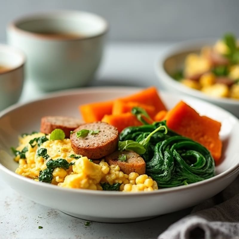 Egg White and Turkey Sausage Scramble with Spinach and Roasted Sweet Potato