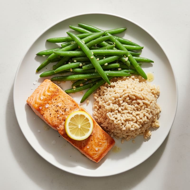 Seared Salmon with Garlic Green Beans and Brown Rice