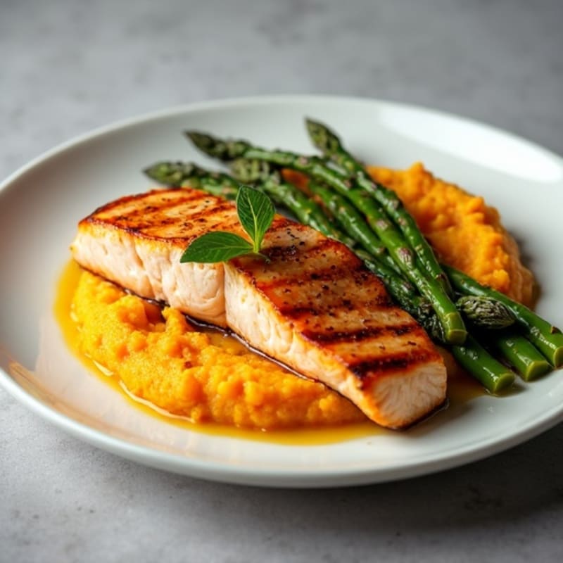 Grilled Salmon with Roasted Asparagus and Sweet Potato Mash