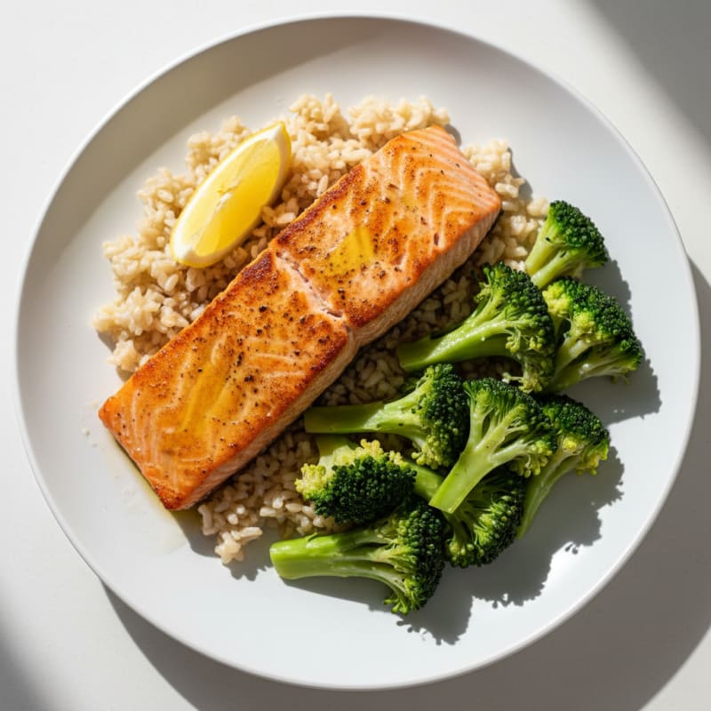 Seared Salmon with Steamed Broccoli and Brown Rice