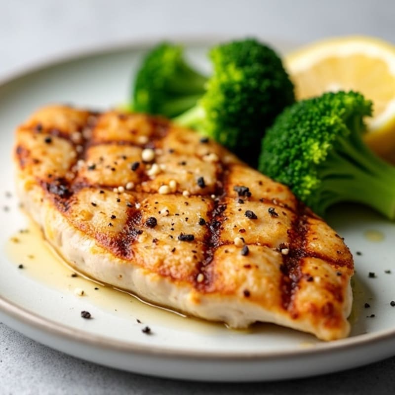 Grilled Chicken Breast with Steamed Broccoli and Lemon