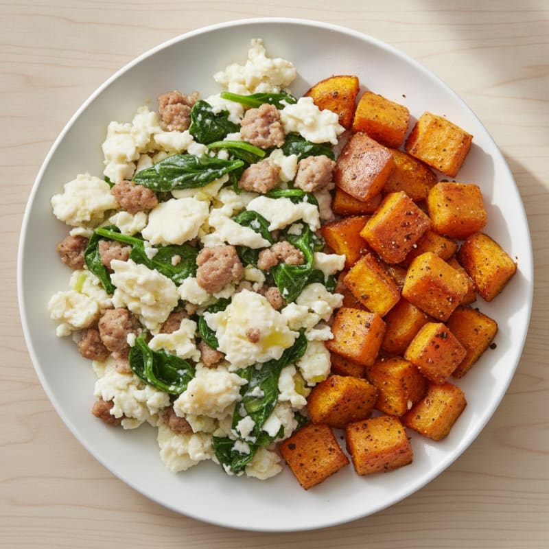 Egg White and Turkey Sausage Scramble with Spinach and Roasted Sweet Potato