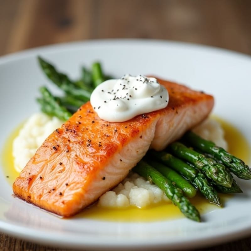 Seared Salmon with Steamed Asparagus and Cauliflower Mash