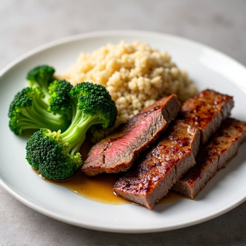 Seared Lean Beef Strips with Steamed Broccoli and Quinoa