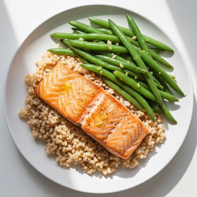 Seared Salmon with Steamed Green Beans and Brown Rice