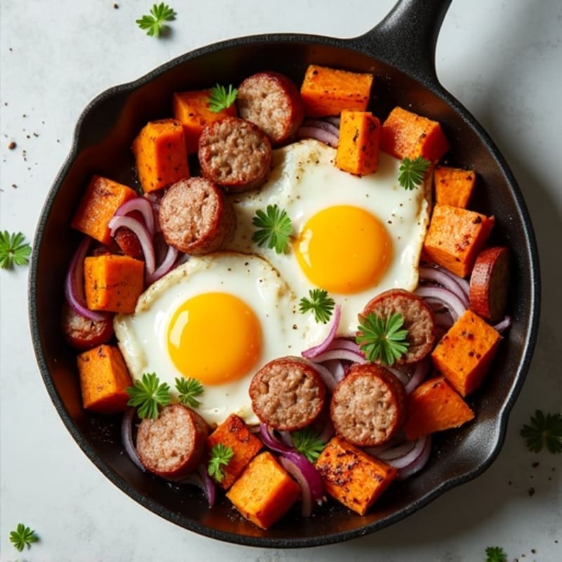 Crispy Sweet Potato and Egg Skillet with Lean Turkey Sausage