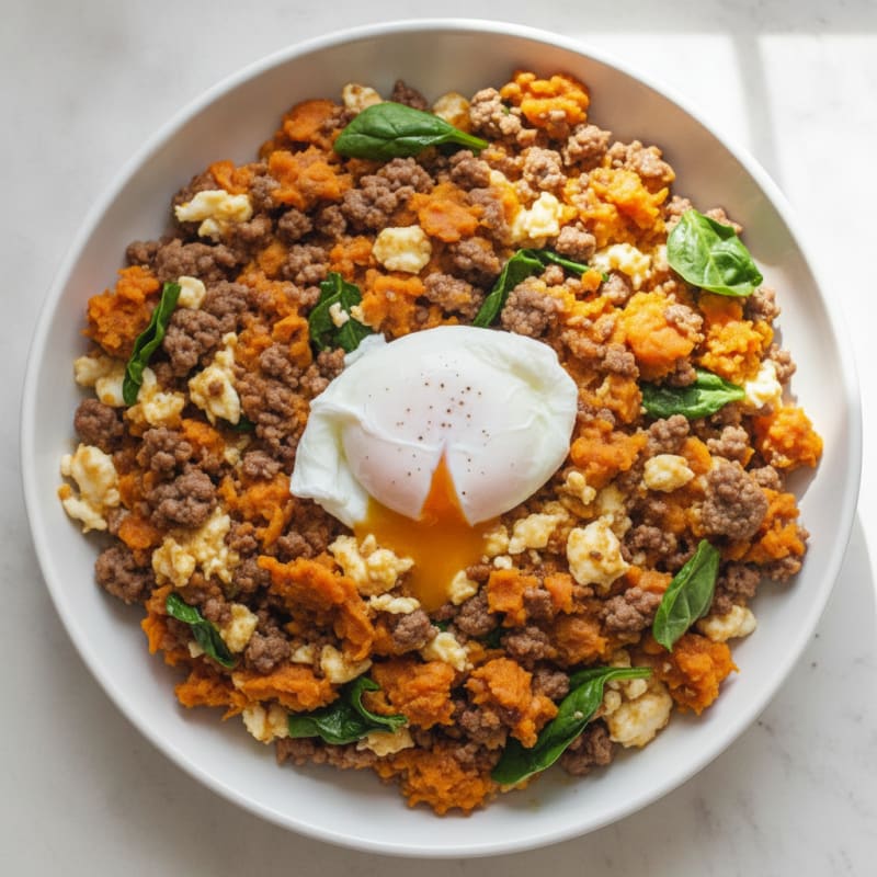 Sweet Potato Beef Hash with Poached Egg