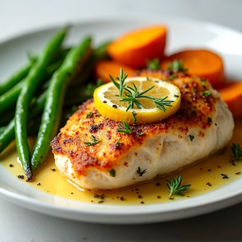 Crispy Lemon Herb Chicken with Roasted Sweet Potatoes and Green Beans