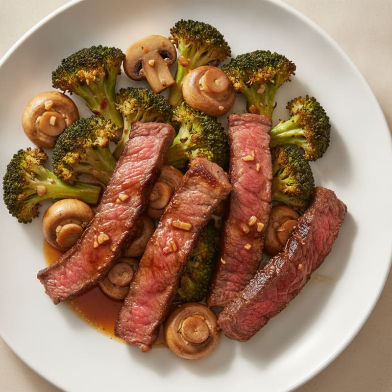Seared Lean Beef Strips with Roasted Broccoli and Garlic Mushrooms