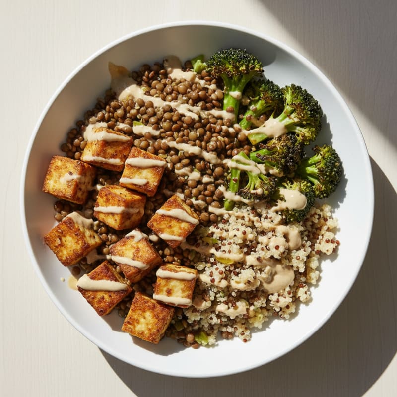 Crispy Tofu and Lentil Power Bowl with Roasted Broccoli and Tahini Drizzle