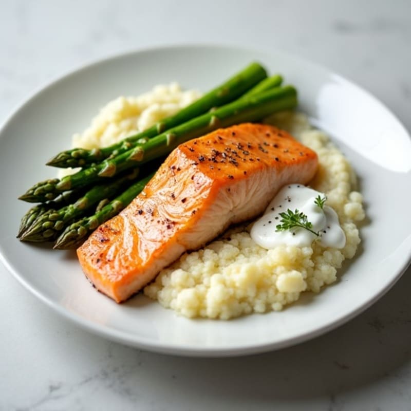 Seared Salmon with Steamed Asparagus and Cauliflower Mash
