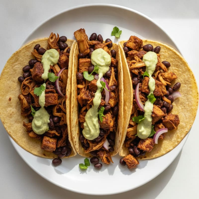 Jackfruit Adobo Tacos with Avocado Crema