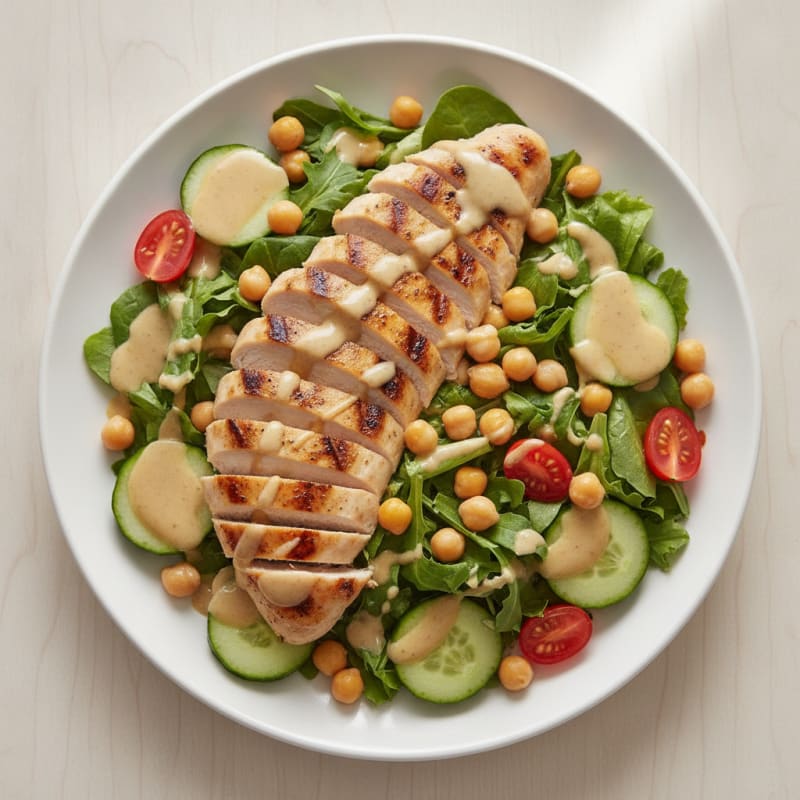 Grilled Chicken Breast over Mixed Greens with Chickpeas and Lemon Tahini Dressing