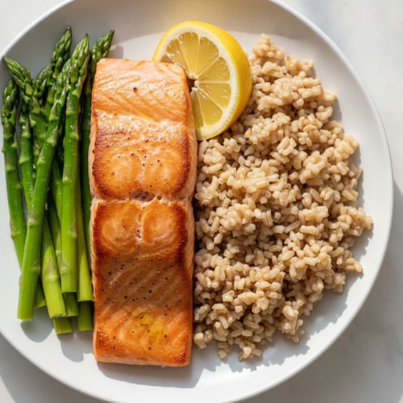 Seared Salmon with Steamed Asparagus and Brown Rice
