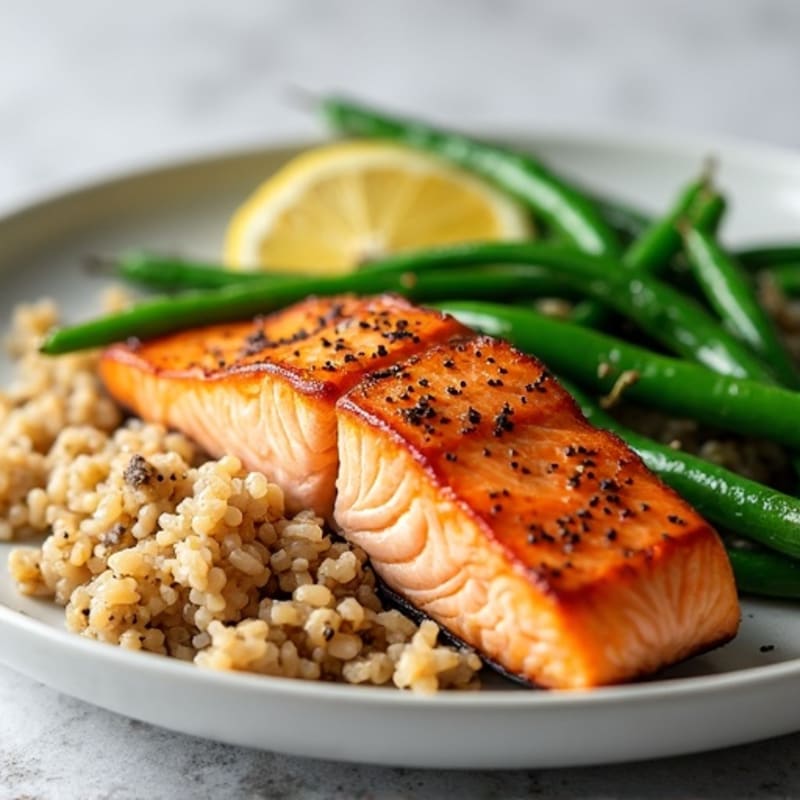 Seared Salmon with Steamed Green Beans and Brown Rice
