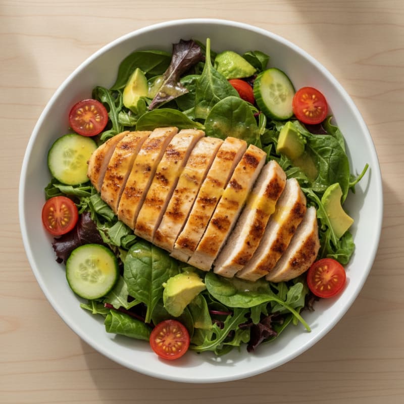 Grilled Chicken Breast Salad with Mixed Greens and Cherry Tomatoes