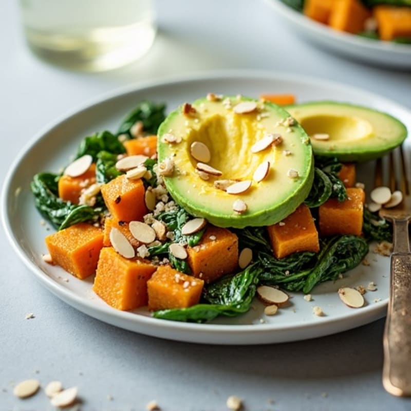 Cottage Cheese and Egg White Scramble with Sautéed Spinach and Roasted Sweet Potatoes