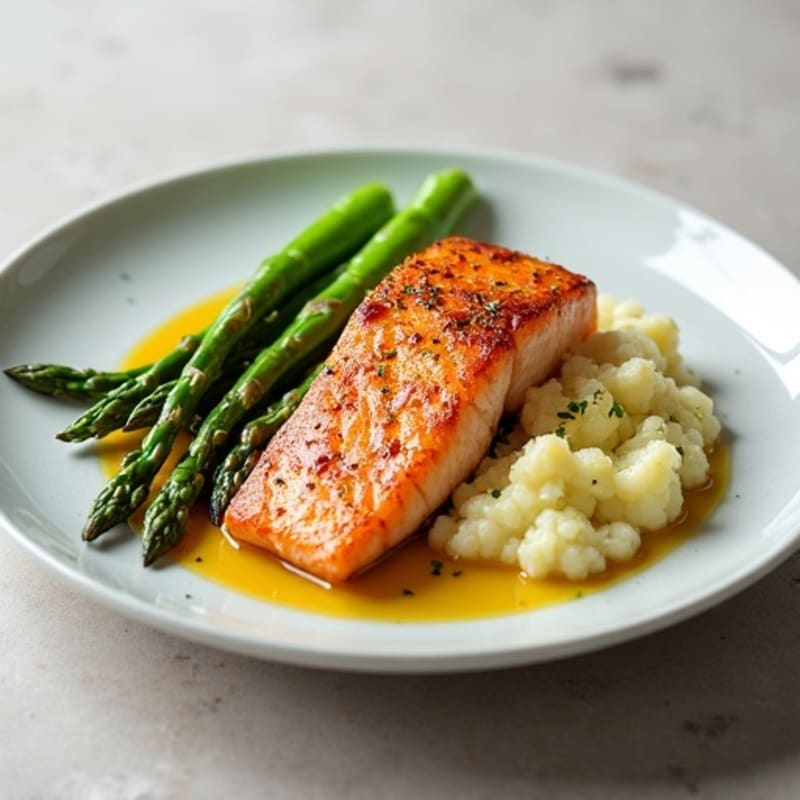 Seared Salmon with Steamed Asparagus and Garlic Cauliflower Mash