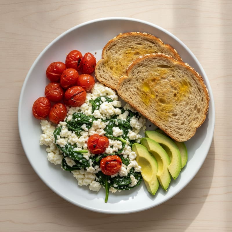 Cottage Cheese Egg White Scramble with Spinach and Cherry Tomatoes