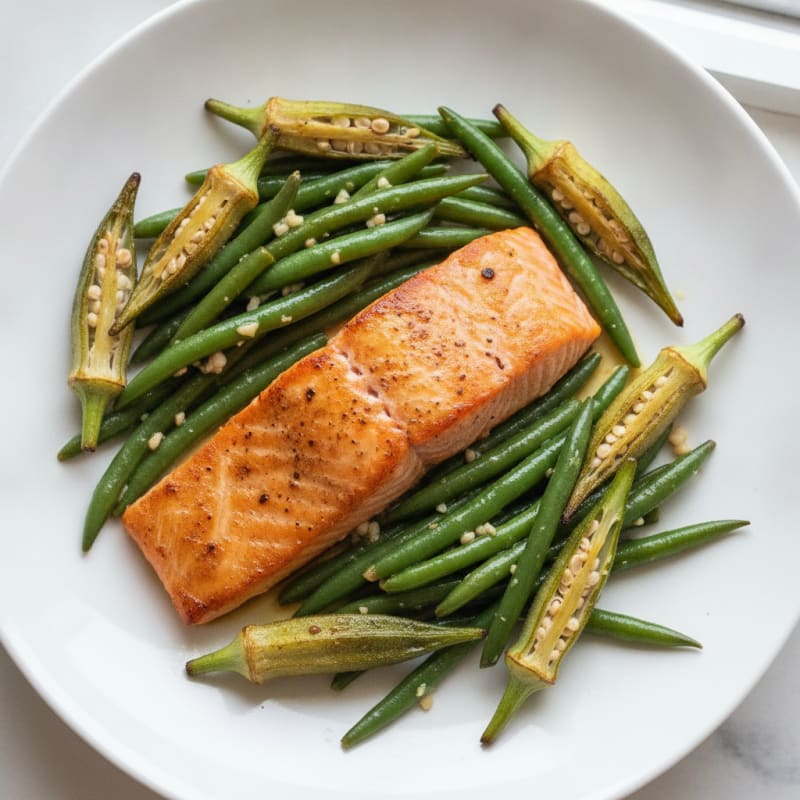 Seared Salmon with Roasted Okra and Garlic Green Beans