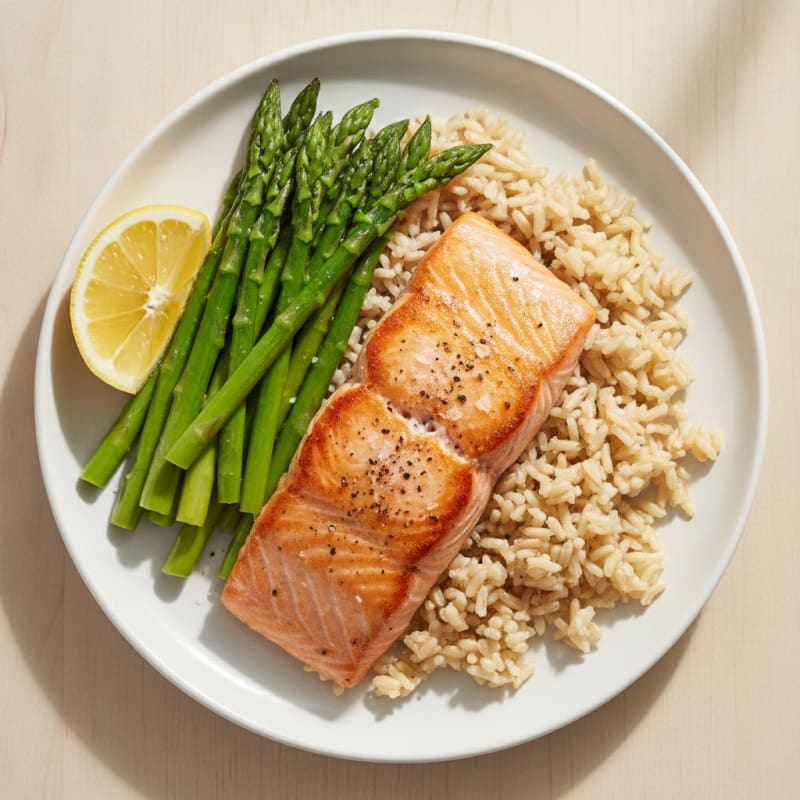 Seared Salmon Fillet with Steamed Asparagus and Brown Rice